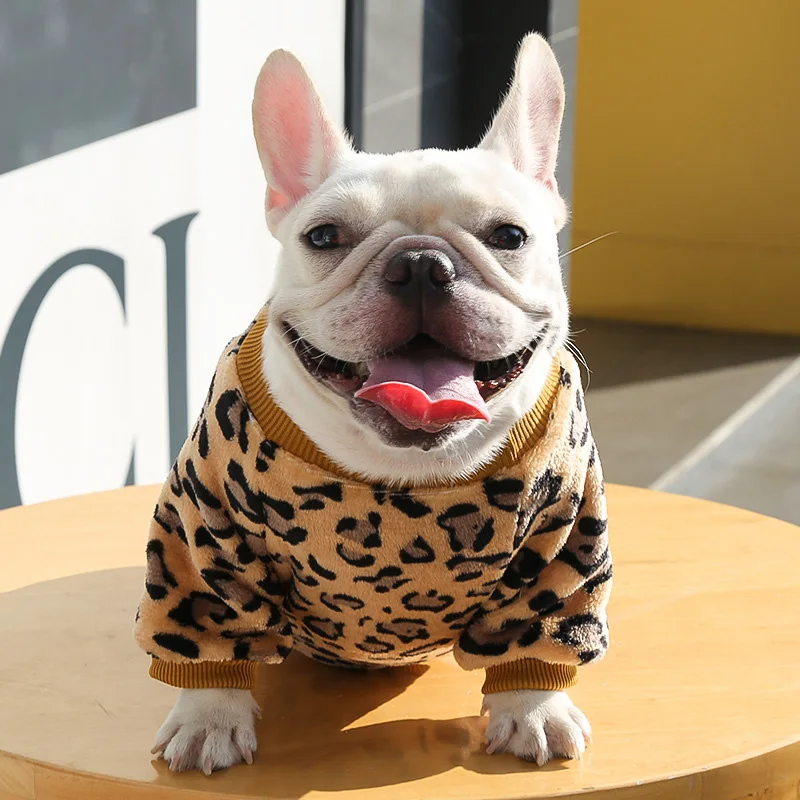 Ropa de invierno con estampado de leopardo para perros pequeños, sudaderas con capucha de franela cálida para Bulldog Francés, gatito, traje de fiesta, sudaderas para cachorros - imagen 4