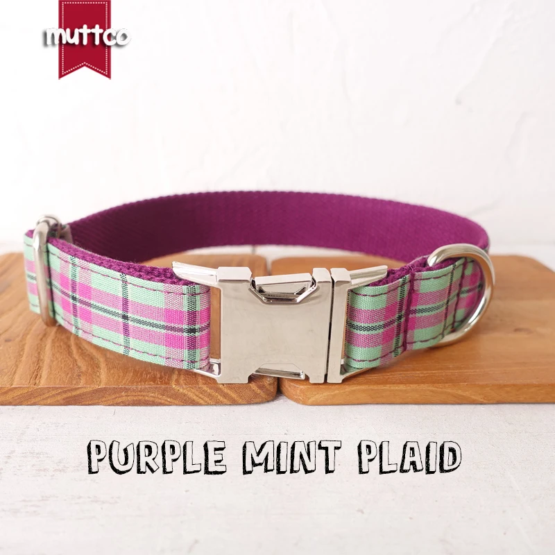 MUTTCO vende al por menor collar de perro de diseño propio púrpura menta Plaid hecho a mano poli satén y nailon 5 tamaños collar de perro UDC099