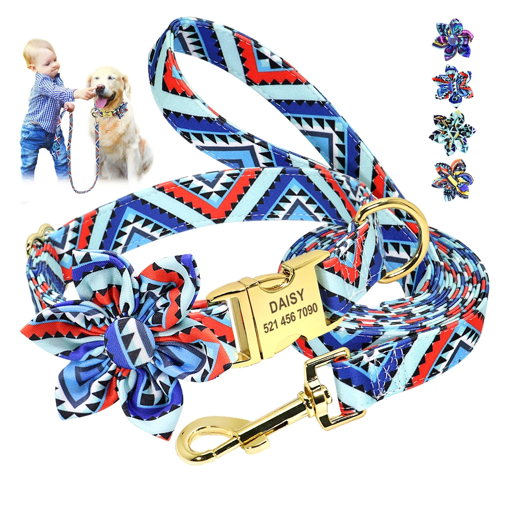 Collar de nailon personalizado para perro, Collar de identificación de mascotas con hebilla de etiqueta personalizada, accesorios de flores para perros pequeños, medianos y grandes, Bulldog - imagen 4