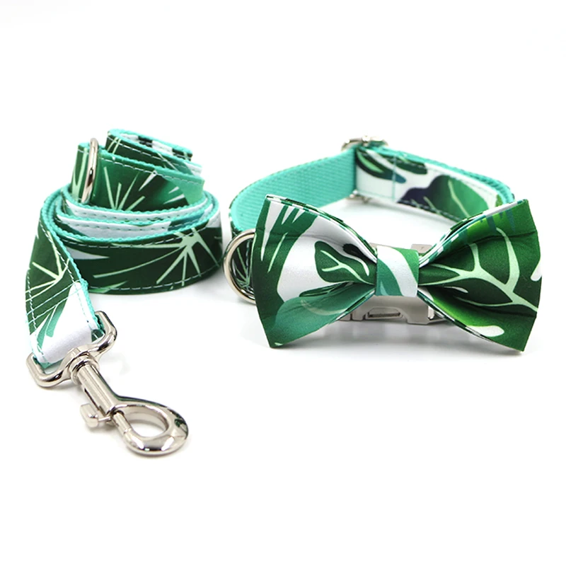 Collar para perro con grabado de nombre y hojas verdes, elegante conjunto de Collar para mascotas y correa con pajarita, Collar de nailon duradero