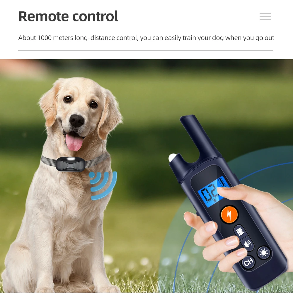 Collar de entrenamiento para perros, resistente al agua, recargable, 1000m, Control remoto para mascotas, choque eléctrico, vibración, sonido - imagen 3
