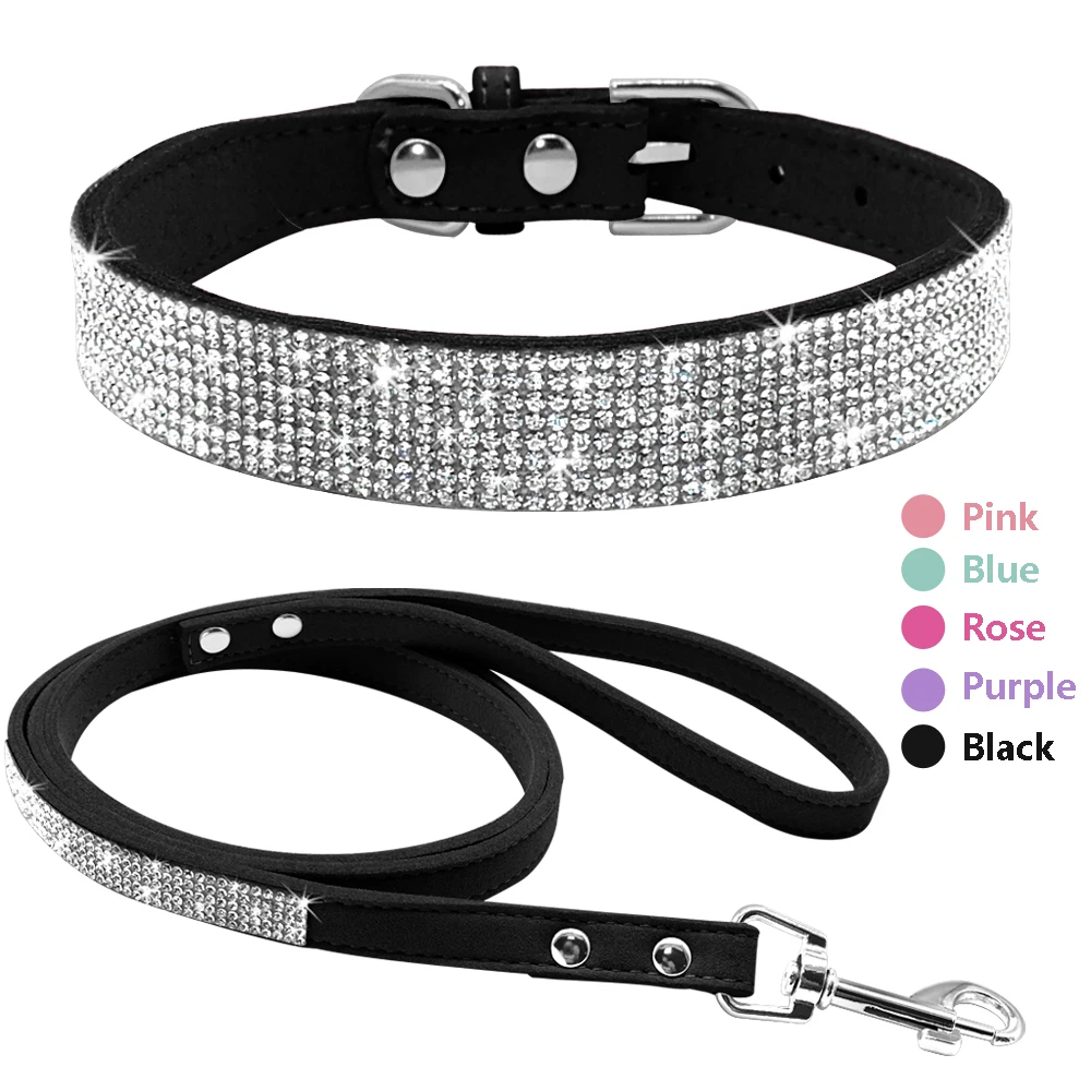 Collar de perro con diamantes de imitación, conjunto de collares y correas para perros y gatos de cristal ostentoso, correa para caminar para mascotas, cables ajustables para perros pequeños y medianos