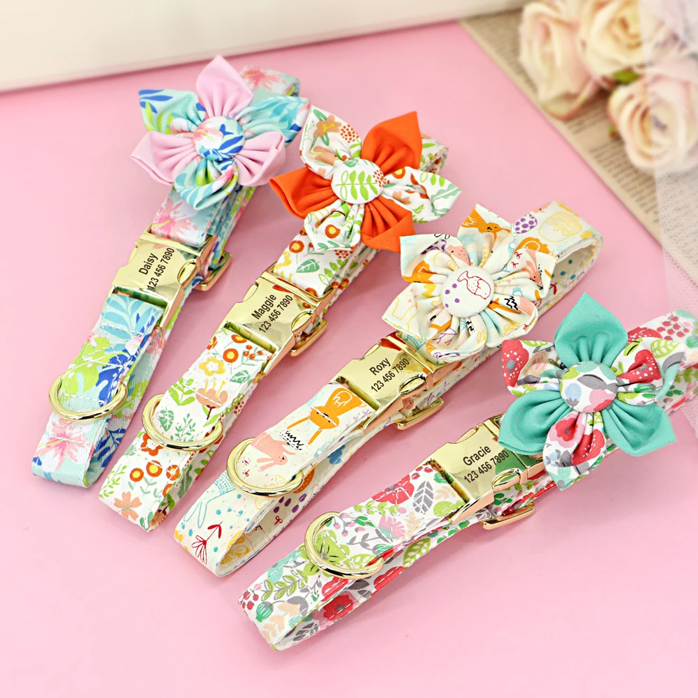 Collar personalizado de nailon con estampado Floral para perros pequeños y medianos, conjunto de Correa y bolsa para caca, grabado gratis - imagen 3