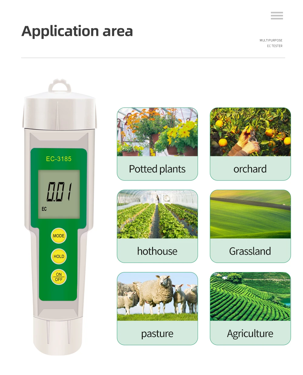 Probador de suelo impermeable EC-3185, medidor de suelo EC/TDS/CF con sonda de alta calidad para cultivo en invernadero y horticultura - imagen 5