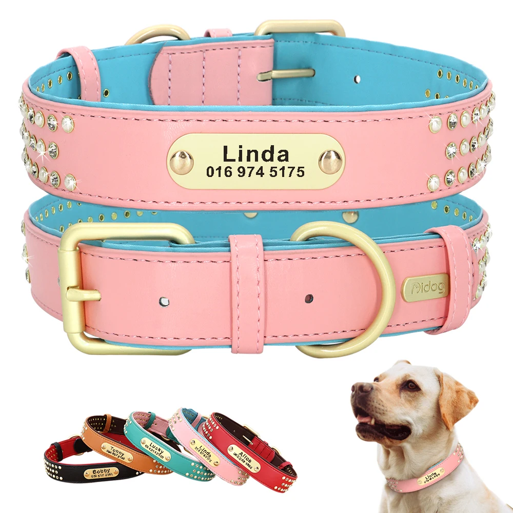 Personalized PU Leather Dog Collars Rhinestone Pet Dog Collar Customized ID Tag Engraved Name Phone for Small Medium Dogs Pug