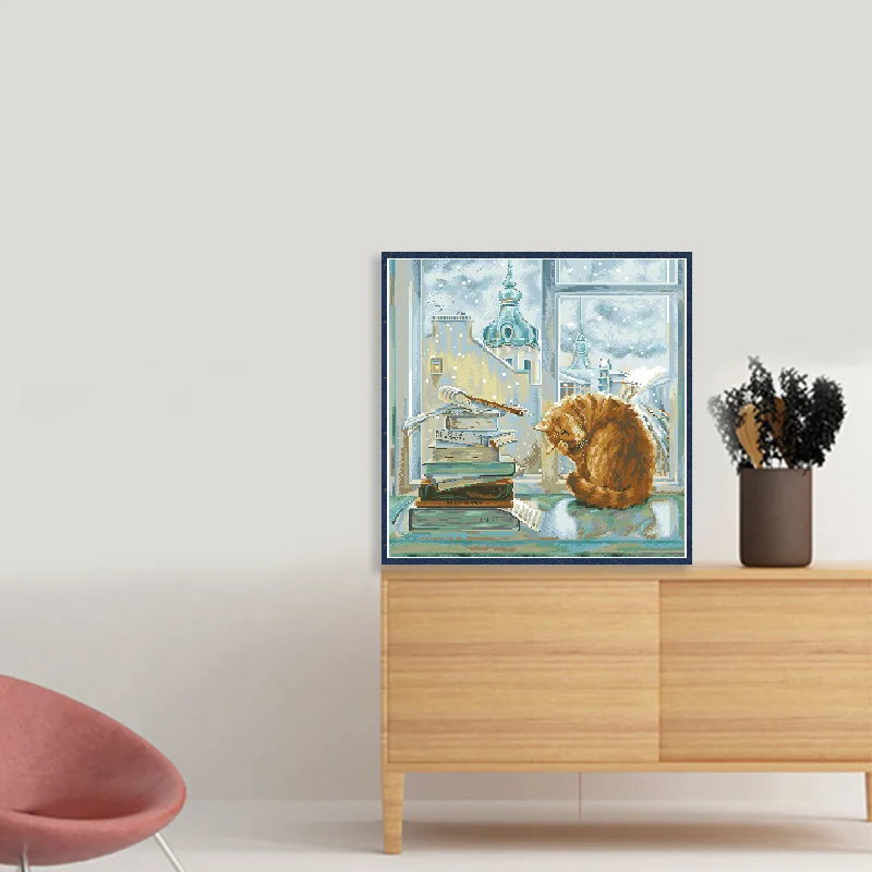 Kits de punto de cruz contado por la mañana para principios de invierno, patrón de gato, paquete de bordado en lienzo sin imprimir, 11CT, 14CT, pintura de costura DIY