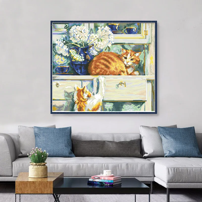 Kits de bordado con patrón de punto de cruz con cuentas de gato en cajón, tela sin imprimir, 11CT, 14CT, conjunto de manualidades hechas a mano, pintura para decoración del hogar
