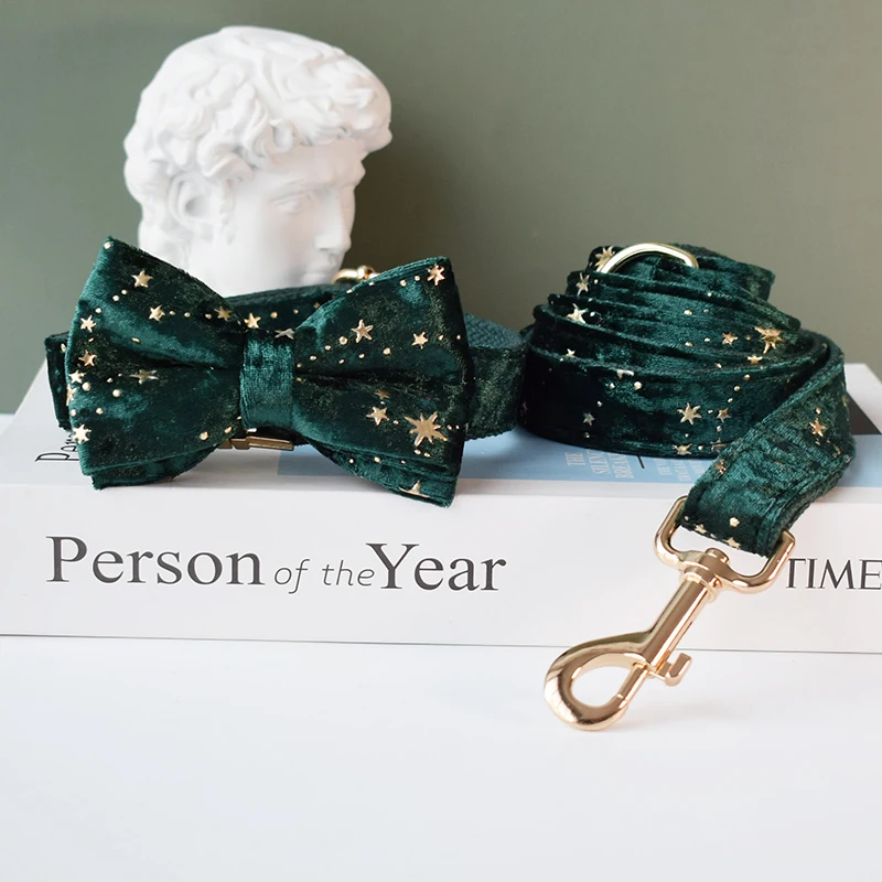 Collar de vino verde personalizado, tela de calidad de terciopelo para perros pequeños, medianos y grandes, piezas de Metal personalizadas, accesorio para mascotas Star 04 - imagen 2