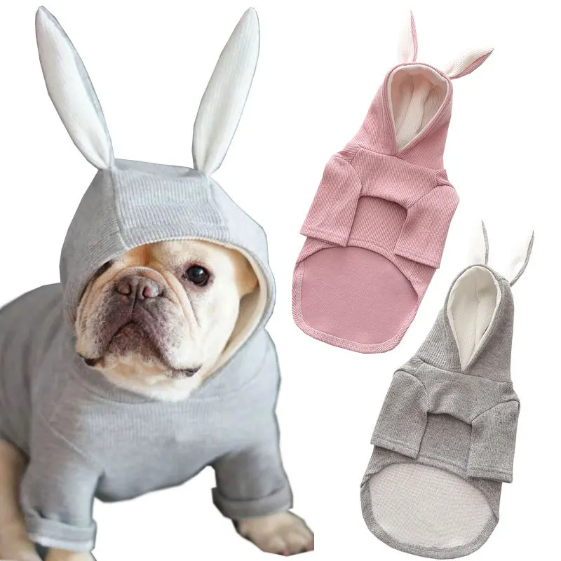 Ropa para mascotas con diseño de Orejas de conejo, abrigo de invierno para perros pequeños, sudaderas con capucha para cachorros y gatos, ropa para perros Pug Bulldog Francés - imagen 3
