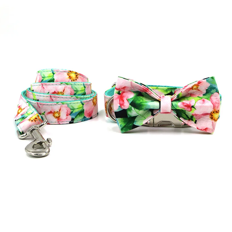 Collar para perro mascota, conjunto de Collar y correa para perro con estampado Floral rosa personalizado para perros pequeños, medianos y grandes, hebilla de liberación rápida
