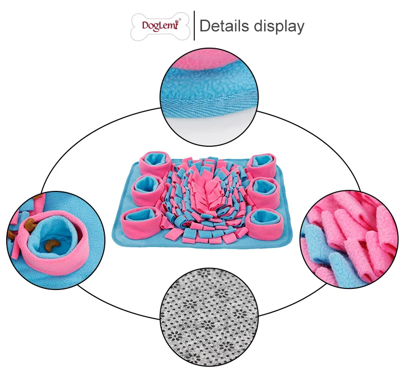 Un producto que parece ser un juguete para perros o una cama para mascotas con un diseño único. Presenta un área circular central con un patrón azul y rosa, rodeada por una serie de anillos rosas y azules que se asemejan a una flor o un resplandor solar.