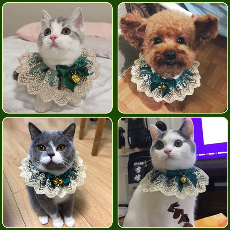 Collar de campana para gato, joyería para mascotas, Baberos de encaje para perro y gato, lazos de temperamento verde oscuro hechos a mano, accesorios de aseo para cachorros - imagen 5