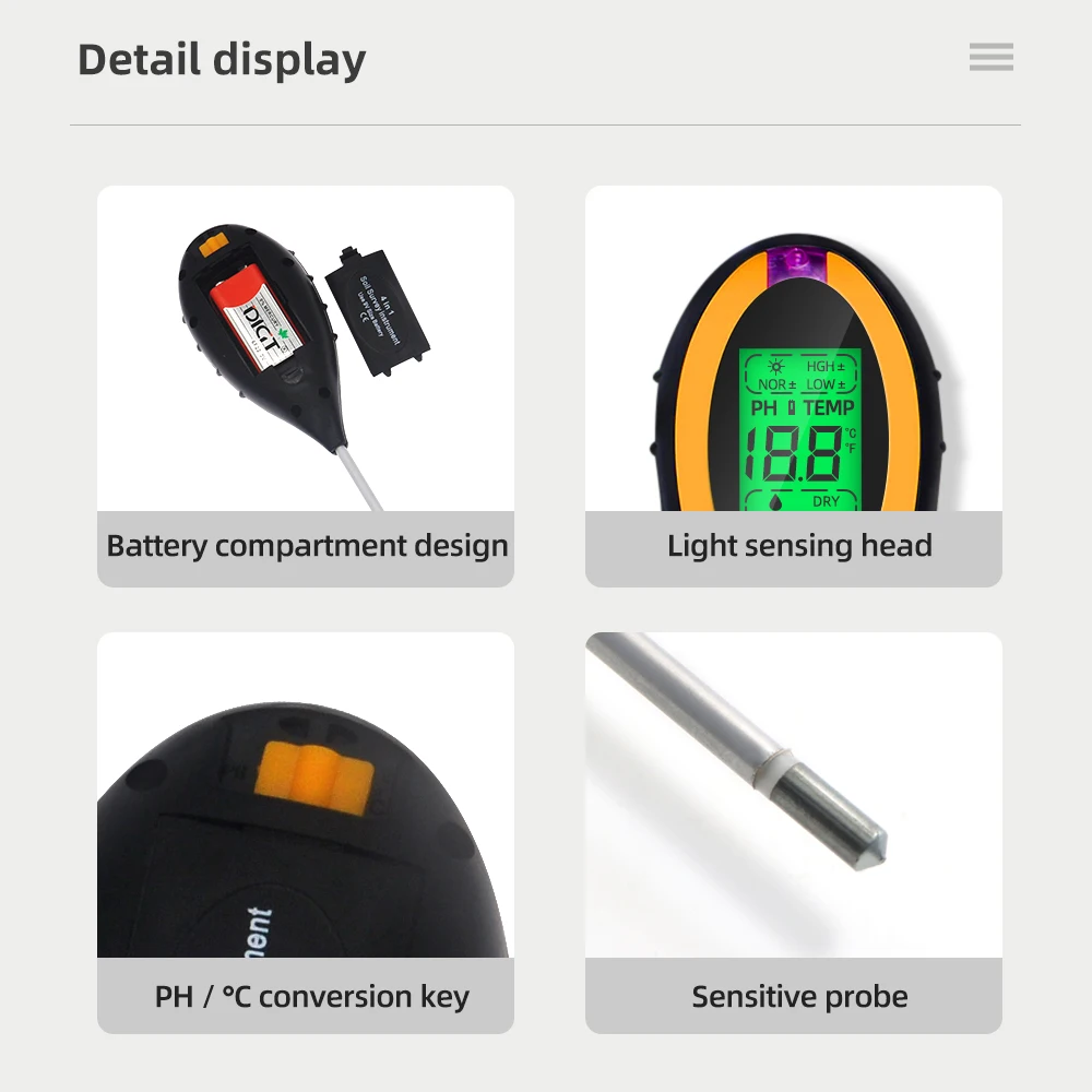 Medidor de PH 4 en 1, probador de suelo, Monitor de temperatura, Sensor de humedad del suelo, instrumento de medida de acidez - imagen 4
