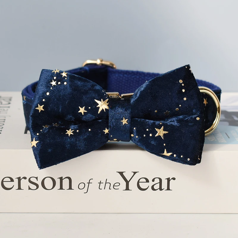 Collar azul, tela de calidad de terciopelo personalizada para perros pequeños, medianos y grandes, piezas de Metal personalizadas, accesorio para mascotas Star 02 - imagen 4