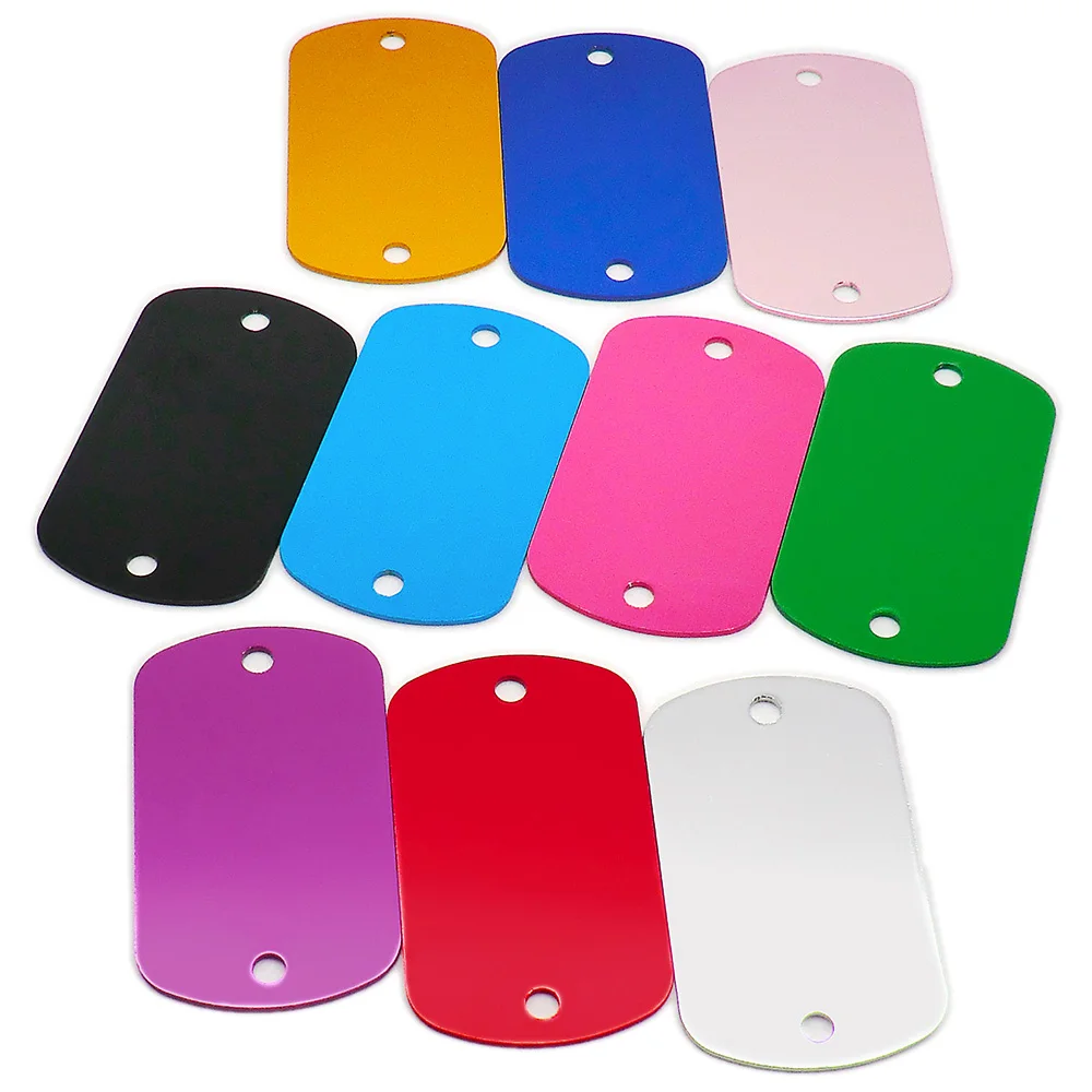Venta al por mayor, 100 Uds., estampado de aluminio, etiqueta en blanco de identificación militar, placa de identificación con 2 agujeros para perro mascota, grabado en blanco, llavero, etiqueta de perro en blanco