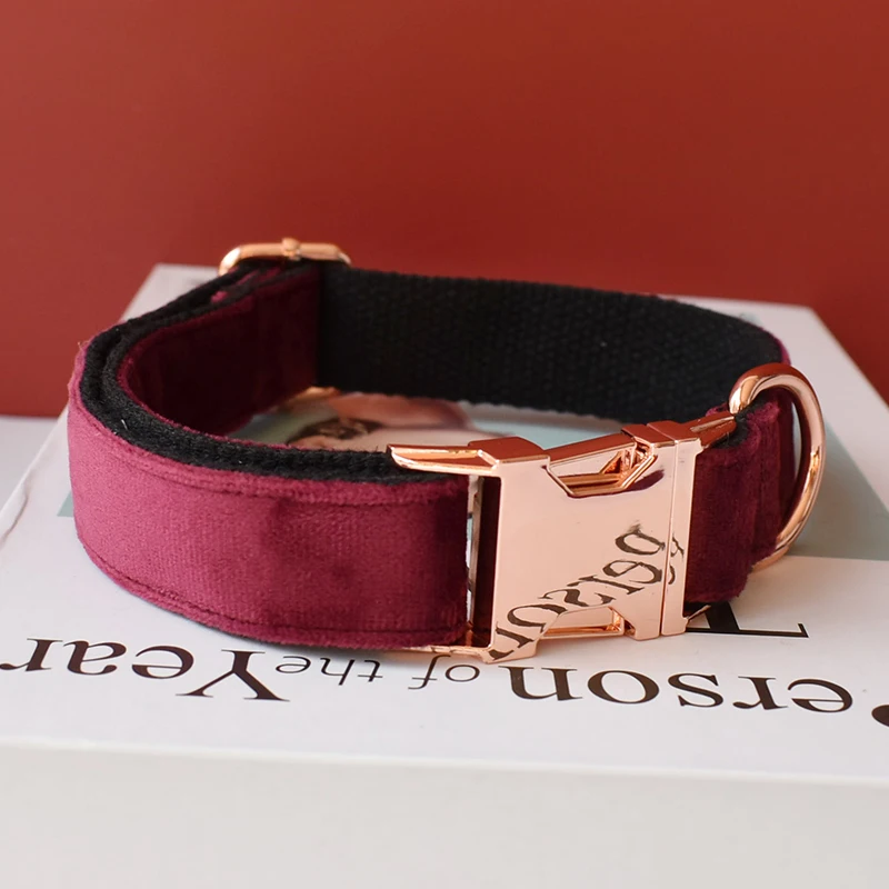 Hebilla de Metal grabada gratis, collares suaves duraderos hechos a mano para perros, accesorios para mascotas, franela de vino de tela 08 - imagen 3