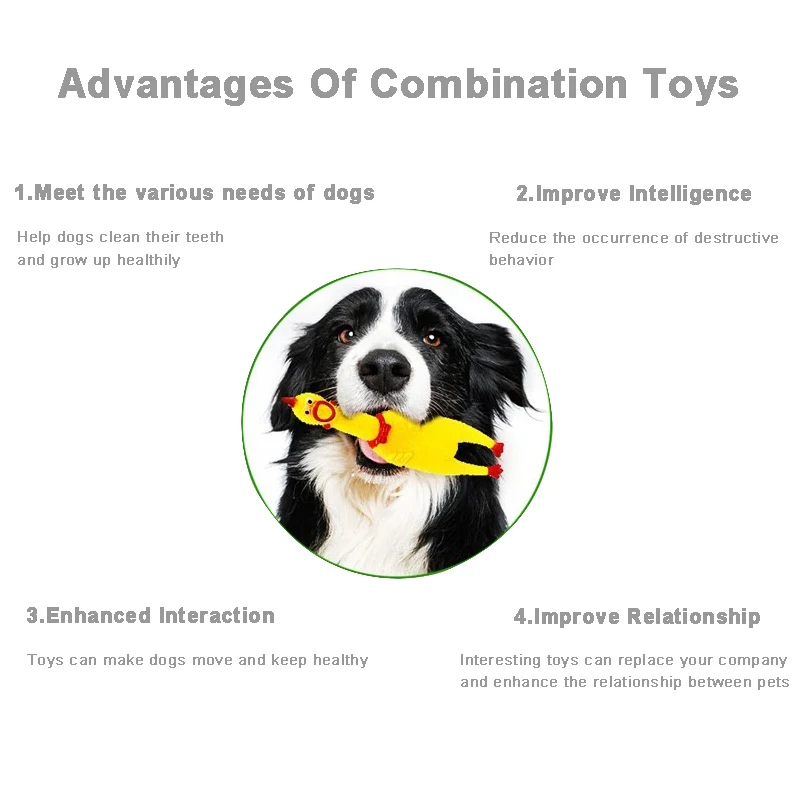 Juguetes de peluche para perros colocados juntos para mostrar su tamaño y variedad