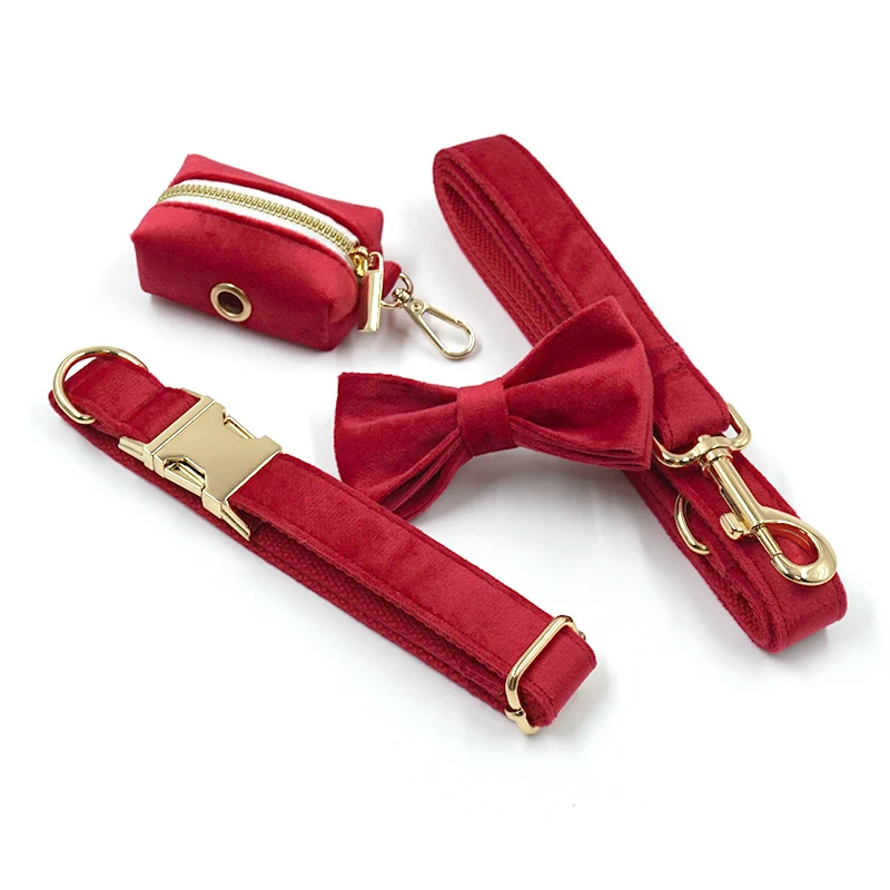 Arnés de perro de terciopelo rojo personalizado, 5 unidades/juego, arnés para mascotas, Collar con pajarita, correa, bolsa para caca, juego de tracción funcional para perros, Collar personalizado - imagen 5