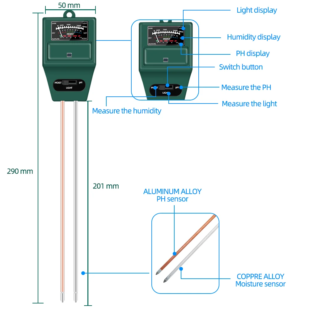 Probador de suelo portátil 3 en 1, medidor de PH de humedad del suelo, Detector de luz de humedad, Analizador de acidez de flores de plantas con Mini herramienta de jardín - imagen 2