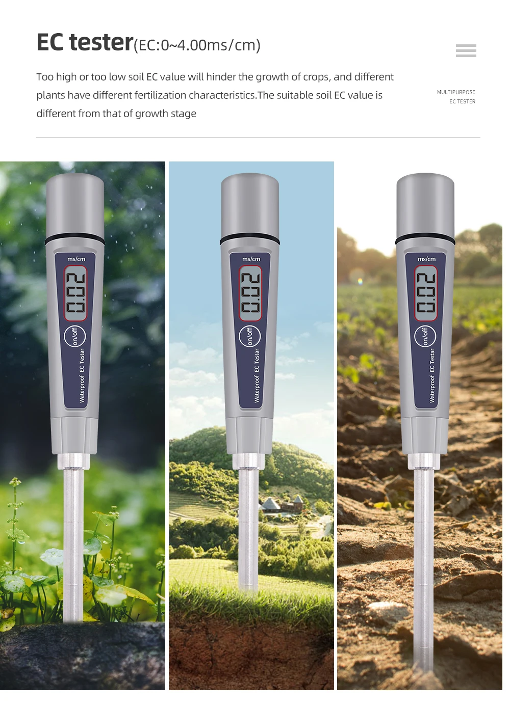Medidor de conductividad de suelo Digital ATC, Detector EC de 0-4,00 MS/s cm para jardín, granja e invernadero, EC-316 - imagen 5