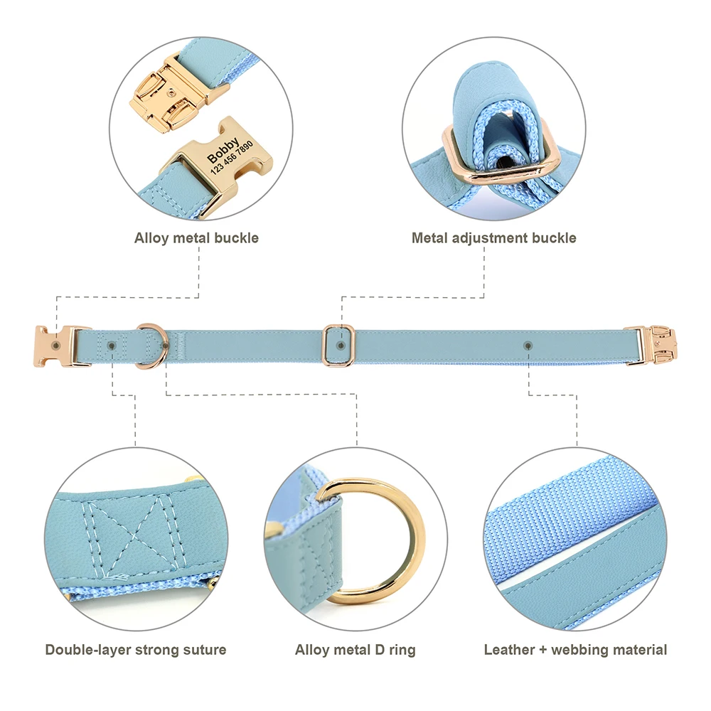 Collar de cuero personalizado para perros pequeños, medianos y grandes, conjunto de correa para cachorros, Collar ajustable para mascotas, grabado gratis - imagen 3