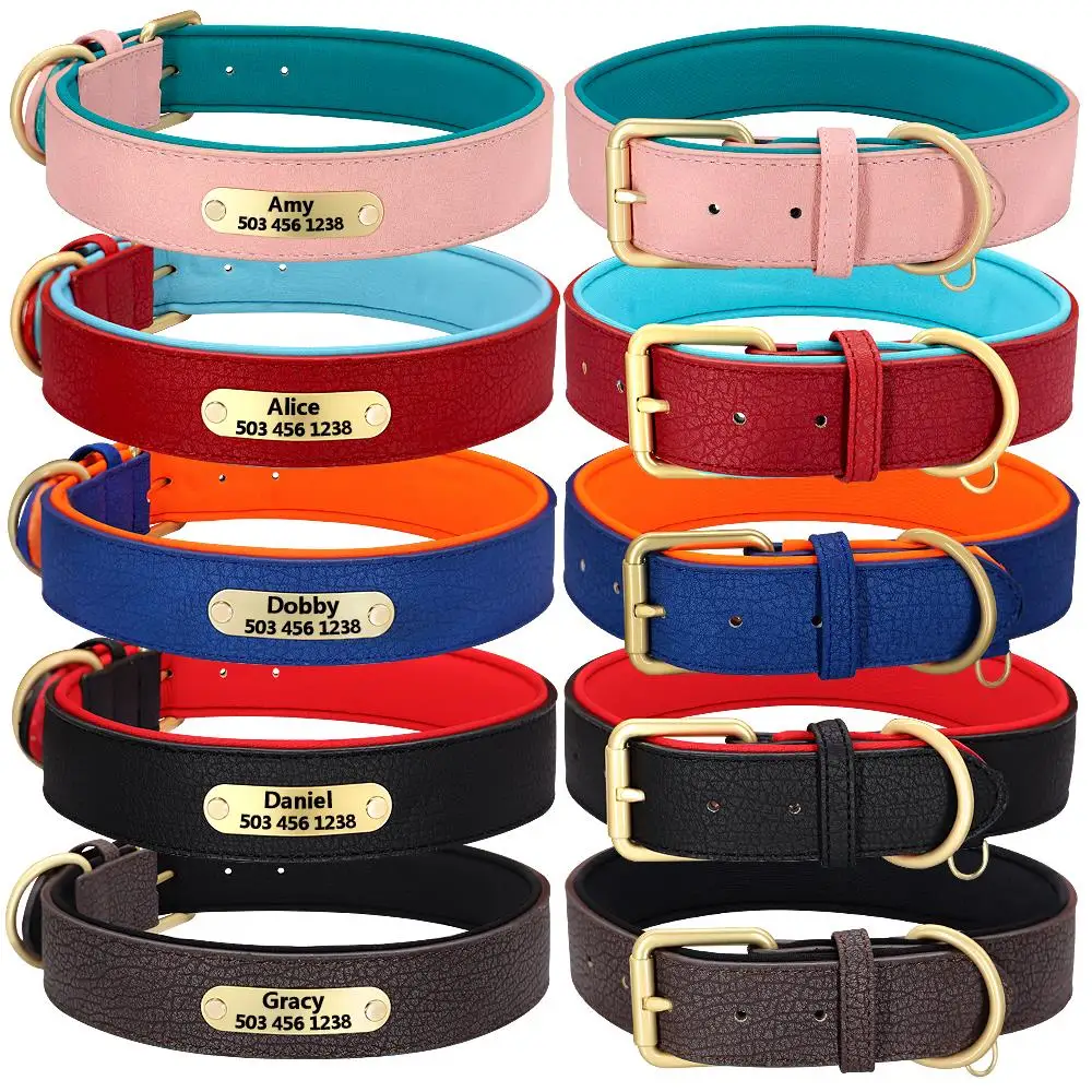 Collar de perro grabado personalizado, collares acolchados de cuero para perros con etiqueta de placa de identificación personalizada, 2 capas para perros pequeños y grandes Pitbull - imagen 2