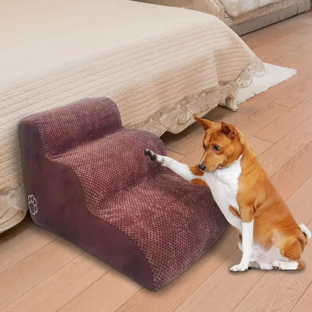 Escalones de espuma para perros, escaleras de 3 escalones con cubierta extraíble, color marrón y gris, 23,62x16,54x15, 35 pulgadas de franela y alta densidad - imagen 4