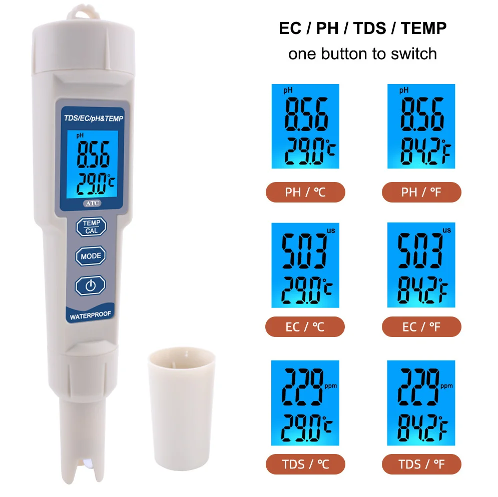 Medidor de calidad del agua 4 en 1, medidor de PH TDS EC, probador de temperatura, medidor de PH impermeable, Detector de agua ATC para piscinas, acuarios de agua potable - imagen 5