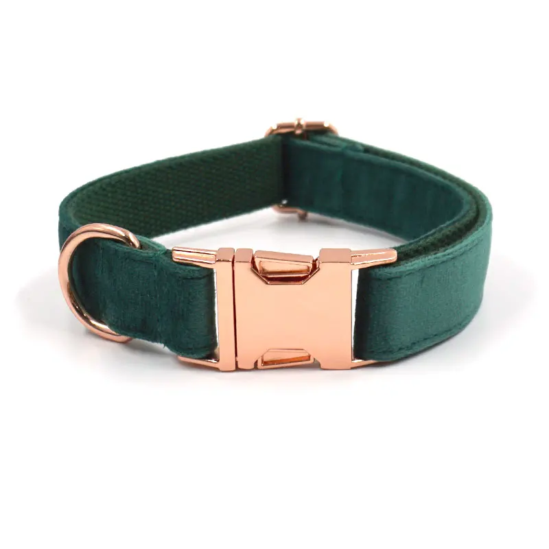 Collar y correa de terciopelo verde navideño para perros pequeños y grandes, Collar para mascotas con hebilla de oro rosa con grabado personalizado y lazo grande - imagen 2