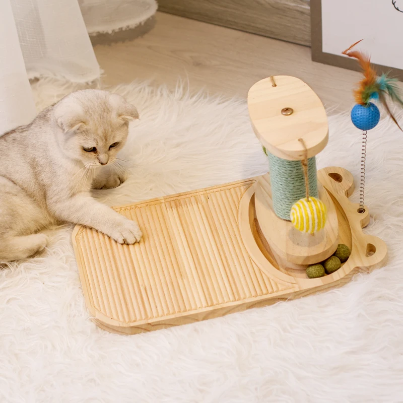 Poste rascador de madera para gatos, juguete rascador de Sisal con pistas de 2/3 capas, juguete giratorio para gatos con bolas interactivas - imagen 5