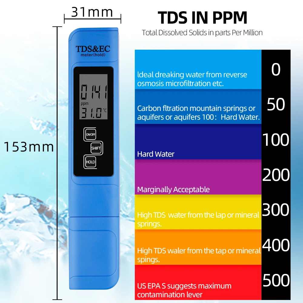 Probador Digital portátil de EC TDS LCD, 3 en 1 medidor de temperatura, filtro de calidad del agua, Monitor de pureza, bolígrafo de prueba de agua - imagen 5