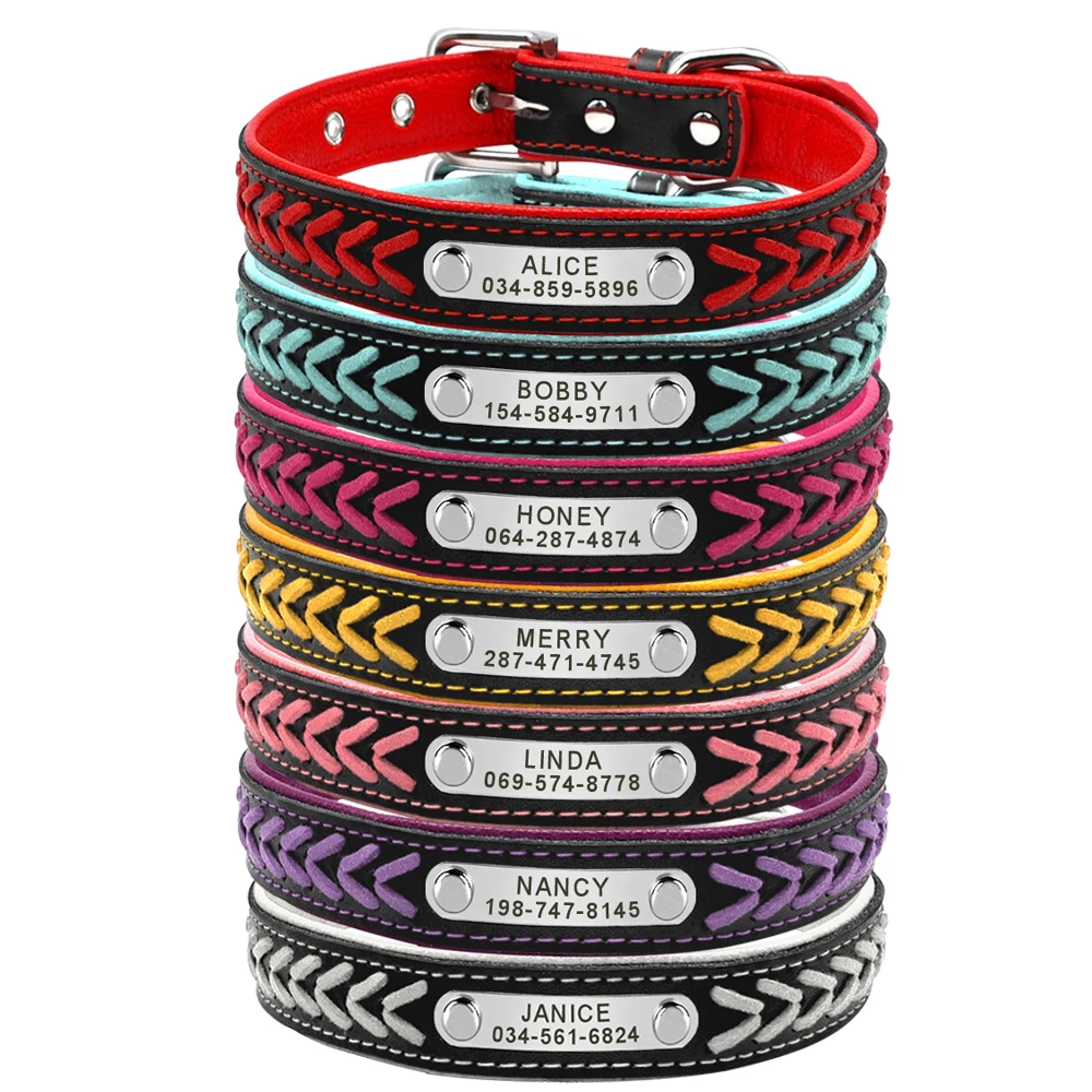 Collar de perro personalizado, collares trenzados acolchados de cuero para perros, grabado gratis, etiqueta de identificación para mascotas, placa con nombre para perros pequeños, medianos y grandes - imagen 3