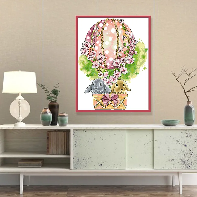 Kits de bordado con patrones de punto de cruz de globo aerostático de Bunny, juegos de costura sin imprimir, 11 14CT, pintura artesanal hecha a mano para decoración del hogar