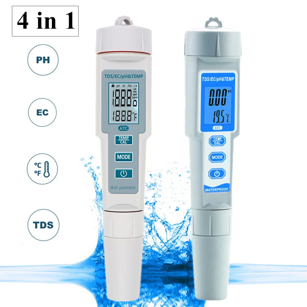 Medidor de calidad del agua 4 en 1, medidor de PH TDS EC, probador de temperatura, medidor de PH impermeable, Detector de agua ATC para piscinas, acuarios de agua potable