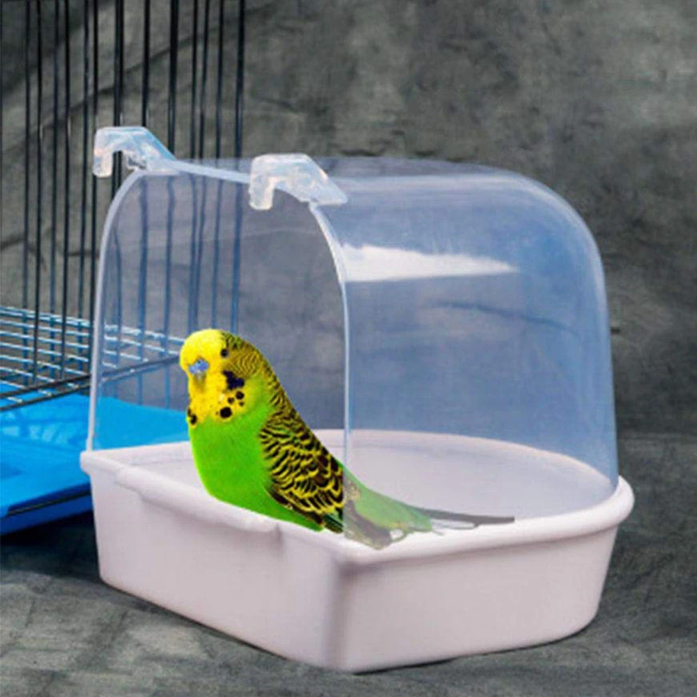 Caja de baño para bañera de pájaros, herramienta de limpieza de aves, accesorios de jaula, baño de loros, bañera colgante de plástico transparente - imagen 2