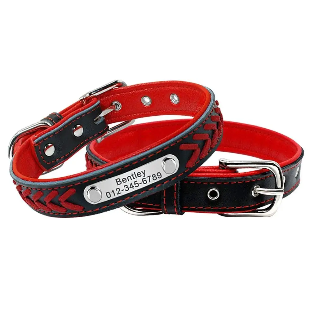 Collar de perro de cuero personalizado, collares de perro chapados con nombre trenzado para perros pequeños, medianos y grandes, Collar grabado personalizado, etiquetas de identificación para mascotas - imagen 3