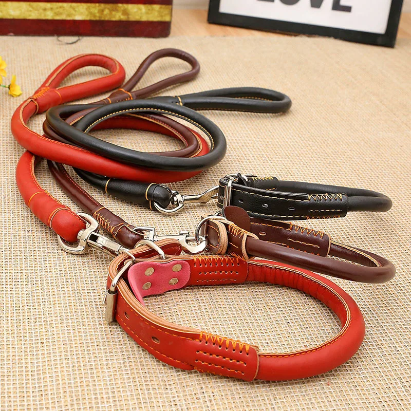 Conjuntos de Collar y correa para perros grandes de cuero para perros medianos y grandes, correas para mascotas súper fuertes Doberman Golden Retriever, producto para exteriores - imagen 4