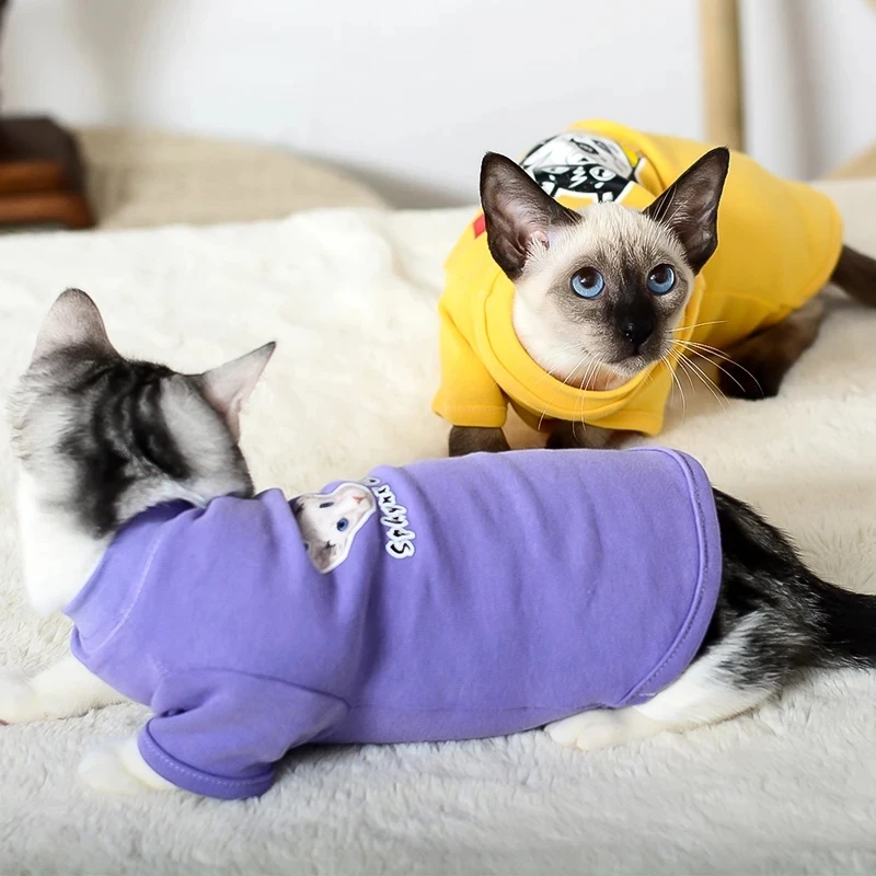 Ropa de algodón para gatos, sudaderas con capucha de dibujos animados, disfraces de gato, jersey de gatito, cachorro, puente de perro, suministros de Sphynx plegables escoceses - imagen 4