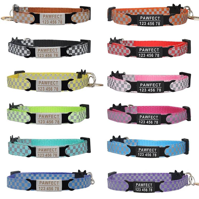 Nuevo Collar reflectante a cuadros para mascotas, ID personalizado, grabado gratis, nailon para gato, ajustable para cachorros y gatitos, collar - imagen 3