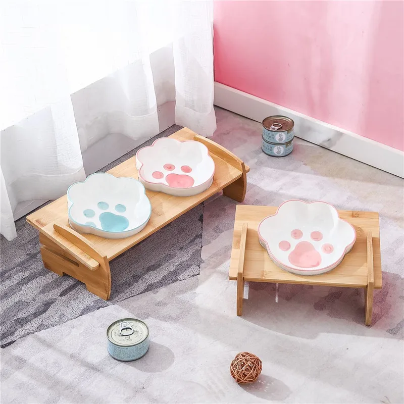 Plato de cerámica elevado para perros y gatos, cuenco doble con forma de pata, suministros para mascotas - imagen 2