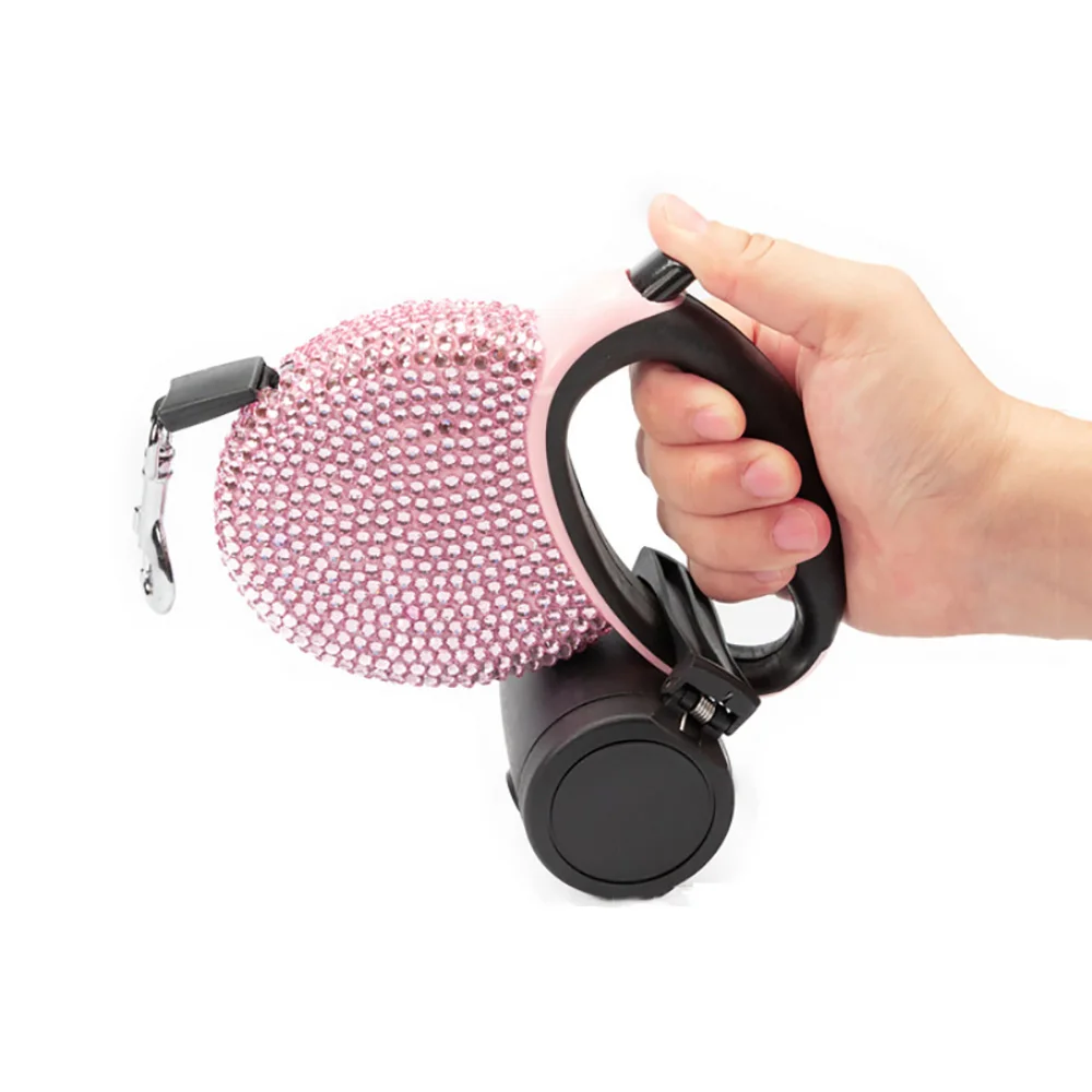 Correa retráctil automática para mascotas, diamantes de imitación azules y rosas, correas de perro de cristal ostentoso para gato, línea plana, 3M - imagen 4