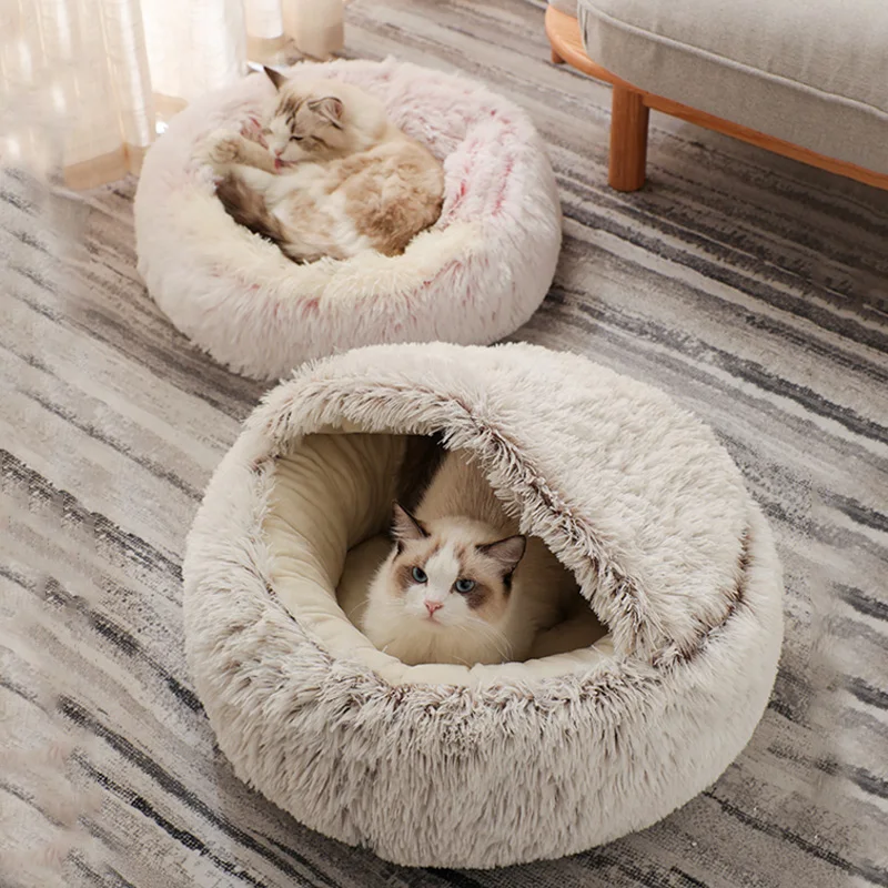 HOOPET-cama redonda para gatos, nido para gatos, cueva para cachorros, cama larga de felpa para mascotas, cama cálida para gatos, cojín para gatos 2 en 1, sofá para dormir - imagen 3
