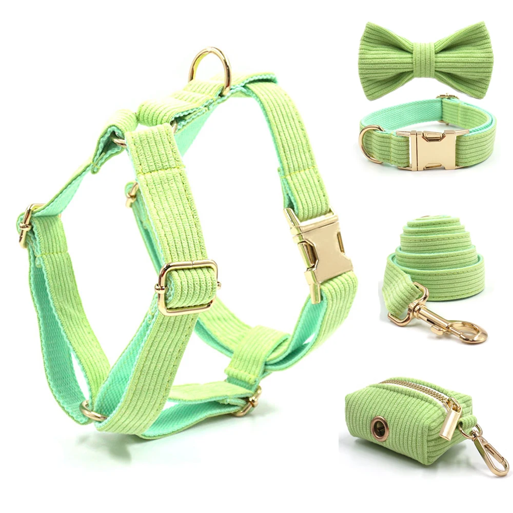 Arnés personalizado de pana verde para perros, Collar y correa de diseñador para perros pequeños y grandes, regalo suave y ajustable para cachorros - imagen 4
