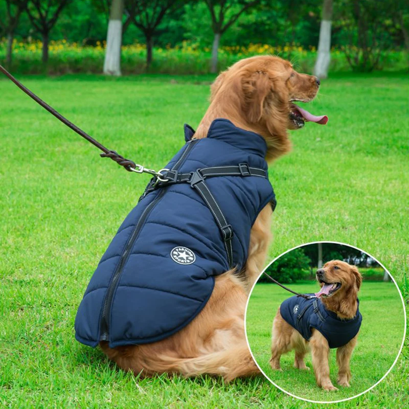 Chaqueta con arnés para perro, ropa cálida de invierno para Labrador, abrigo impermeable para perro grande, trajes para Bulldog Francés - imagen 3