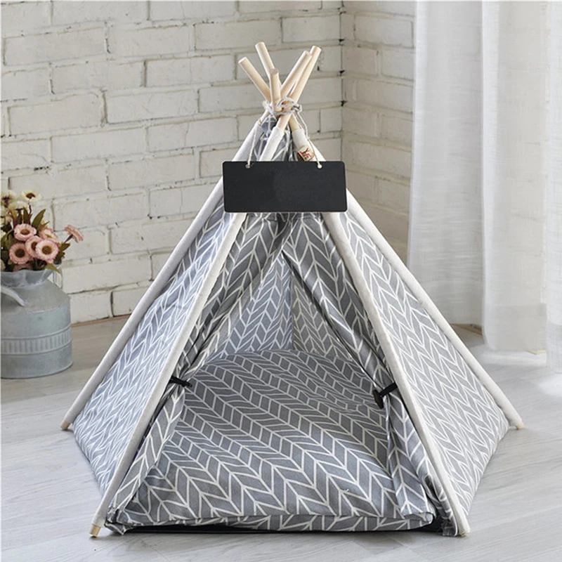 Tienda de campaña portátil de lino para mascotas, casa para perros, casa para gatos, tipi lavable, cachorro, interior, perreras al aire libre, cueva con estera - imagen 2
