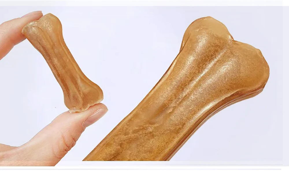 Varios huesos dentales masticables alineados sobre la mesa