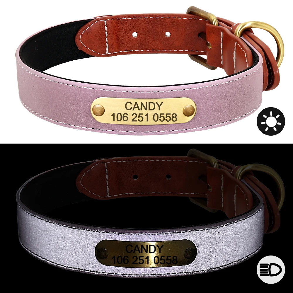 Collar de cuero reflectante para perro y gato grabado, personalizado, para Bulldog, pequeño, mediano y grande - imagen 3