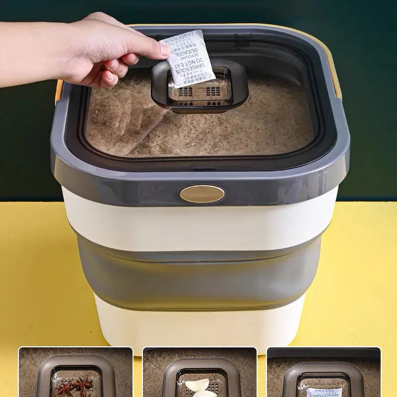 Contenedor plegable de almacenamiento de alimentos para perros, contenedor de alimentos secos para gatos, a prueba de humedad, cinta de sellado, taza medidora - imagen 4