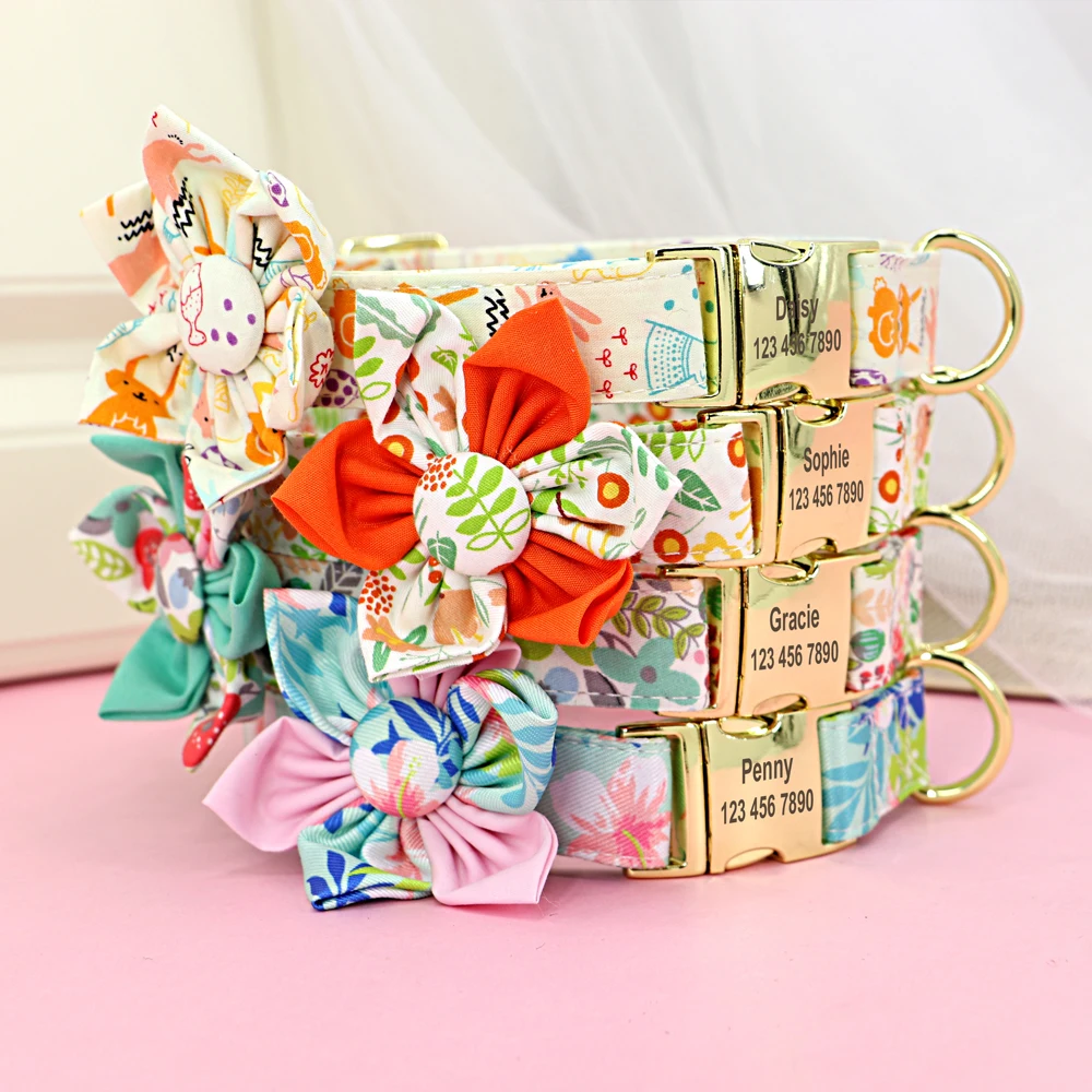 Collar de perro personalizado con estampado de flores, collares de identificación de perro de nailon, placa de identificación grabada gratis para perros pequeños, medianos y grandes, Chihuahua Pug - imagen 2