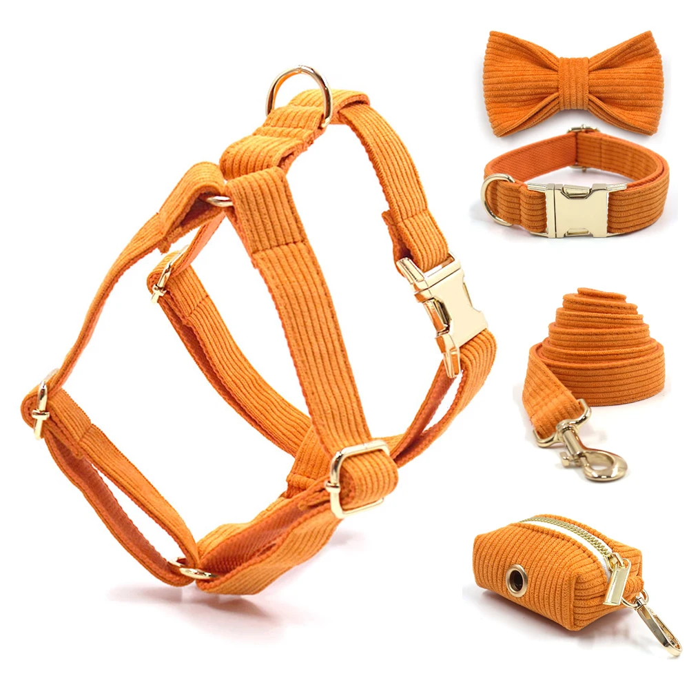 Conjunto de Collar y correa para mascotas de pana naranja para perros de niño, arnés para perros pequeños y grandes, ID personalizado, Collar con lazo totalmente ajustable, XS-XL - imagen 4